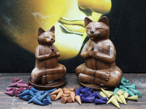 wooden carved incense burners lrg yoga cat