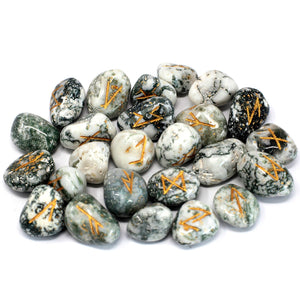runes stone set in pouch tree agate