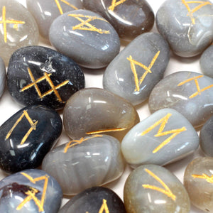 runes stone set in pouch grey agate
