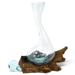 molten glass on wood wine decanter