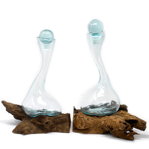 molten glass on wood wine decanter