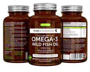 pure essential omega 3 wild fish oil epa dha 1000mg astaxanthin 180 s