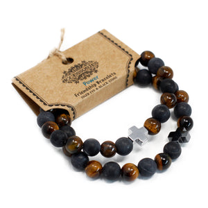 set of 2 gemstones friendship bracelets power tiger eye black stone