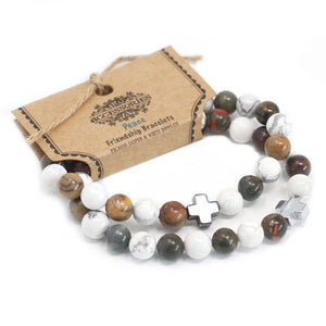 set of 2 gemstones friendship bracelets peace picasso jasper white howlite