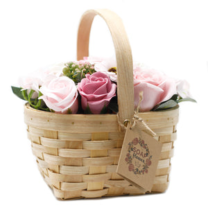 large pink bouquet in wicker basket