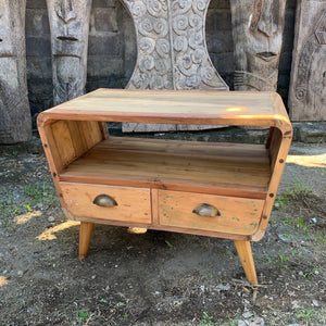 small tv stand with 2 draws round recycled wood