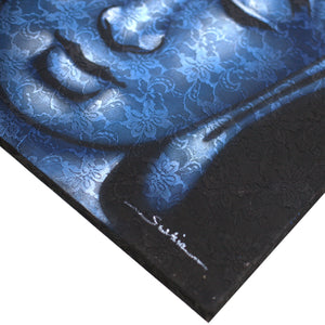 buddah painting blue brocade detail