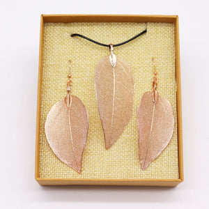 necklace earring set bravery leaf pink gold