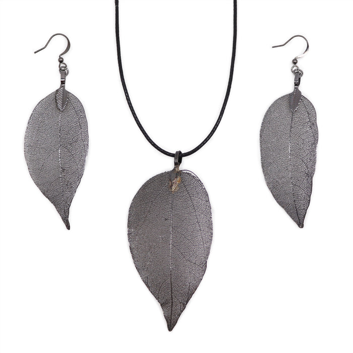 Necklace & Earring Set - Bravery Leaf - Pewter