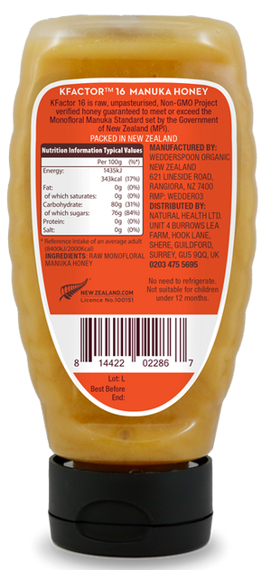 Wedderspoon Raw Monofloral Manuka Honey KFactor 16 Squeezy 340g