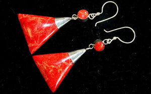 coral style silver earrings triangle double drop