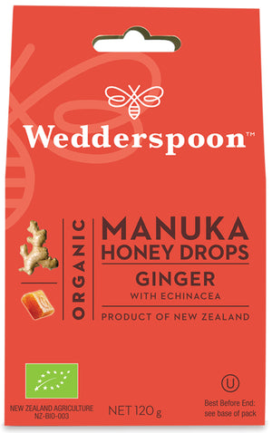 Wedderspoon Organic Manuka Honey Drops Ginger With Echinacea 120g