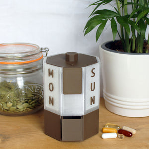 Wood Effect Weekly Rotating Pill Dispenser with Box and Lid