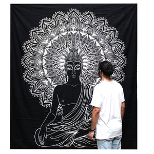 B&W Double Cotton Bedspread + Wall Hanging - Buddha