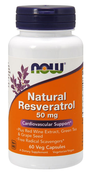 NOW Foods Natural Resveratrol with Red Wine Extract, Green Tea & Grape Seed, 50mg - 60 vcaps