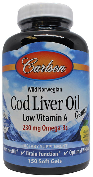 Carlson Labs Cod Liver Oil Gems Low Vitamin A, 230mg Lemon - 150 softgels